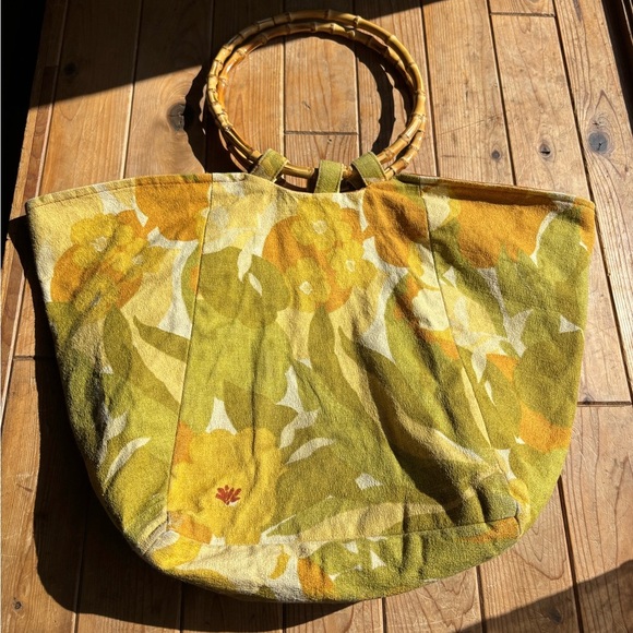 Floral Yellow Tote Bag with Bamboo Handles - Picture 7 of 7
